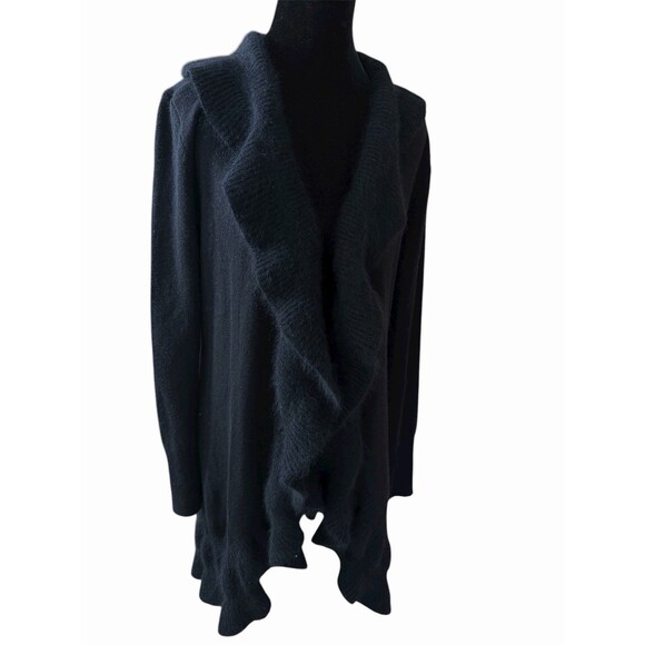 White House Black Market Cardigan Sz M Black Ruffle Open Front Rabbit Hair Wool - Picture 4 of 10